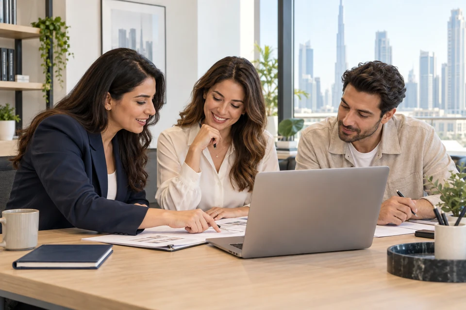Illustration of hospitality colleagues planning guest arrivals in a Dubai office