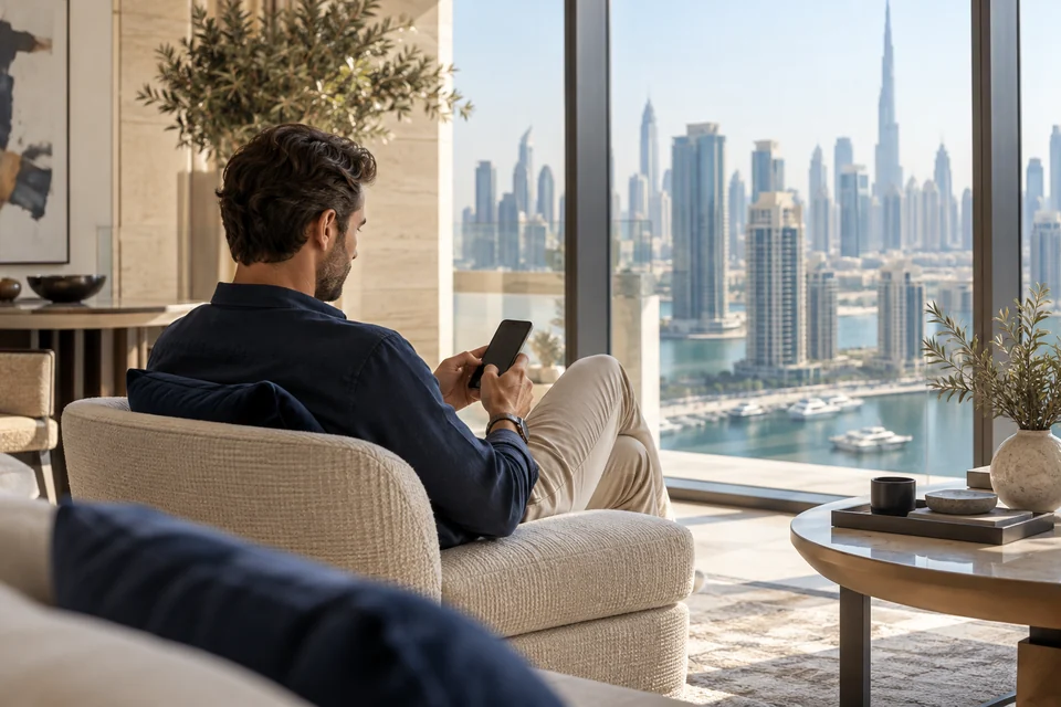 Illustrative scene of a property owner following their home from a smartphone