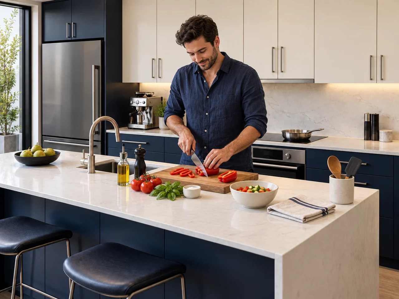 Editorial illustration of a guest preparing fresh vegetables in a fully equipped kitchen.