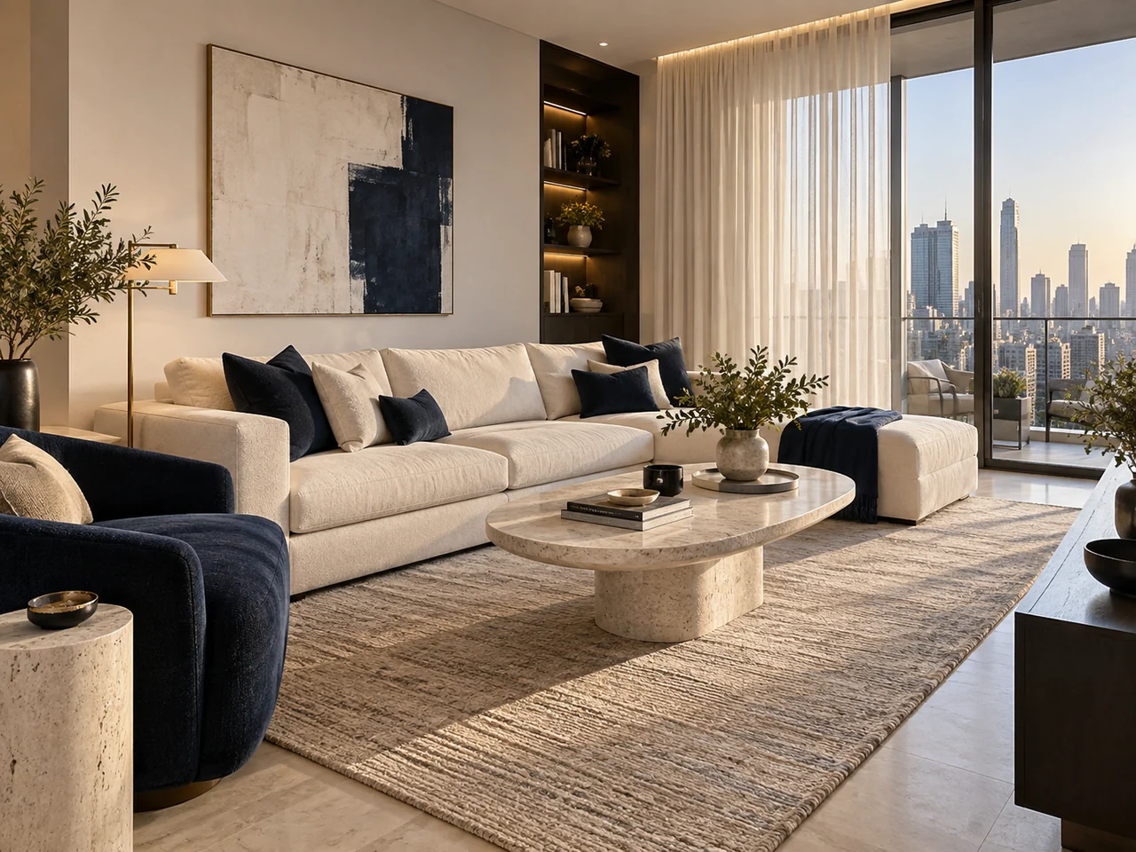 Editorial illustration of a refined contemporary apartment living room.